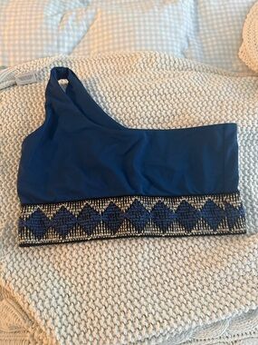 One-Shoulder Blue Bikini Top with Geometric Trim
